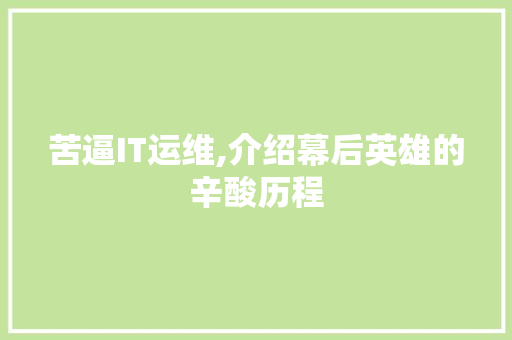 苦逼IT运维,介绍幕后英雄的辛酸历程