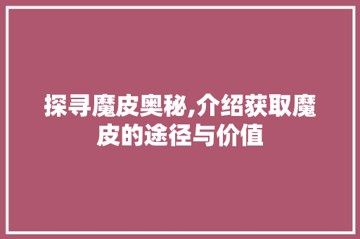 探寻魔皮奥秘,介绍获取魔皮的途径与价值 Web前端