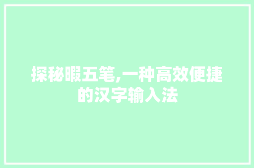 探秘暇五笔,一种高效便捷的汉字输入法