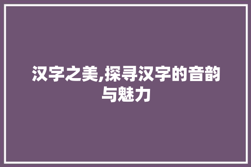 汉字之美,探寻汉字的音韵与魅力