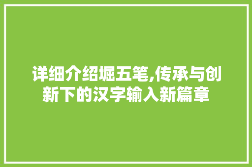 详细介绍堀五笔,传承与创新下的汉字输入新篇章