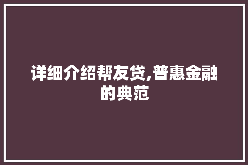 详细介绍帮友贷,普惠金融的典范