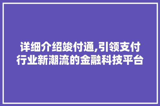 详细介绍竣付通,引领支付行业新潮流的金融科技平台