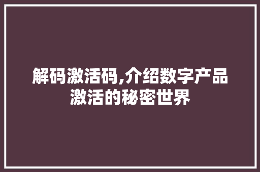 解码激活码,介绍数字产品激活的秘密世界