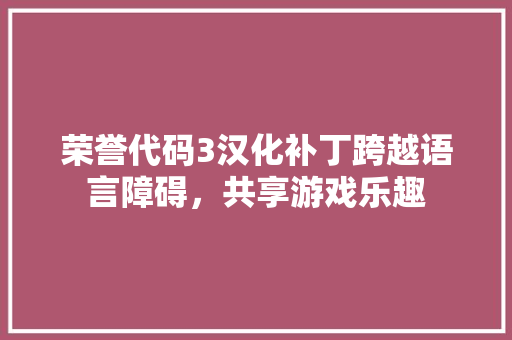 荣誉代码3汉化补丁跨越语言障碍，共享游戏乐趣