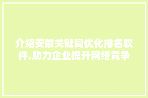 介绍安徽关键词优化排名软件,助力企业提升网络竞争力