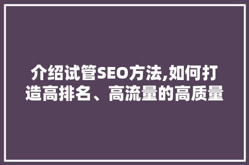 介绍试管SEO方法,如何打造高排名、高流量的高质量网站
