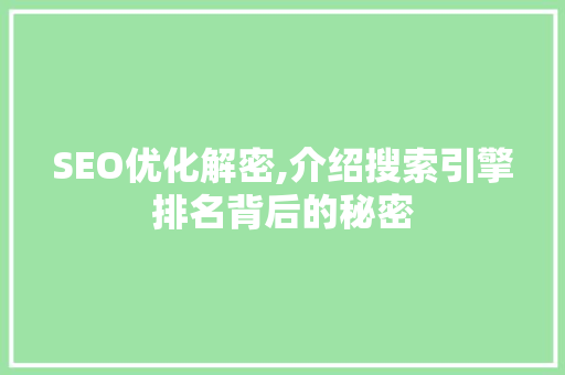 SEO优化解密,介绍搜索引擎排名背后的秘密