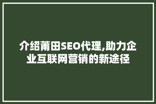 介绍莆田SEO代理,助力企业互联网营销的新途径