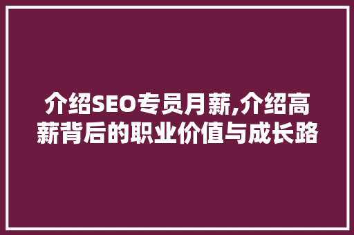 介绍SEO专员月薪,介绍高薪背后的职业价值与成长路径