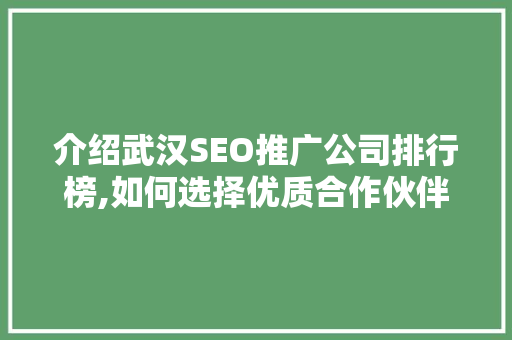 介绍武汉SEO推广公司排行榜,如何选择优质合作伙伴助力企业腾飞