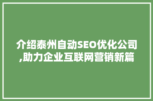 介绍泰州自动SEO优化公司,助力企业互联网营销新篇章