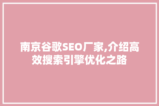 南京谷歌SEO厂家,介绍高效搜索引擎优化之路