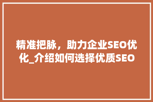 精准把脉，助力企业SEO优化_介绍如何选择优质SEO供应商 SEO教程