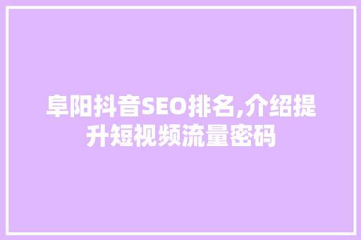 阜阳抖音SEO排名,介绍提升短视频流量密码