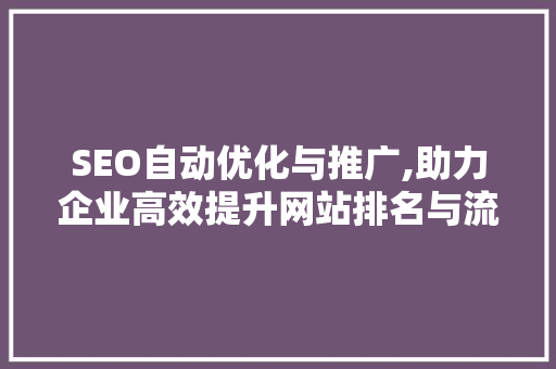 SEO自动优化与推广,助力企业高效提升网站排名与流量