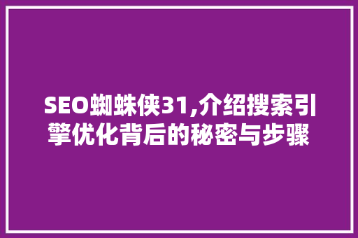 SEO蜘蛛侠31,介绍搜索引擎优化背后的秘密与步骤