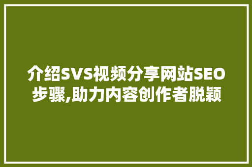 介绍SVS视频分享网站SEO步骤,助力内容创作者脱颖而出