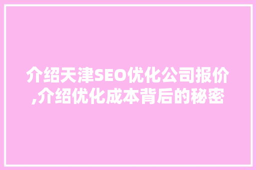 介绍天津SEO优化公司报价,介绍优化成本背后的秘密