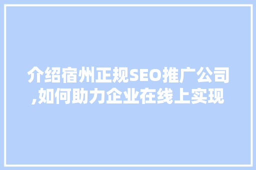 介绍宿州正规SEO推广公司,如何助力企业在线上实现飞跃