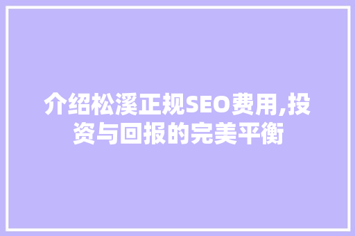 介绍松溪正规SEO费用,投资与回报的完美平衡
