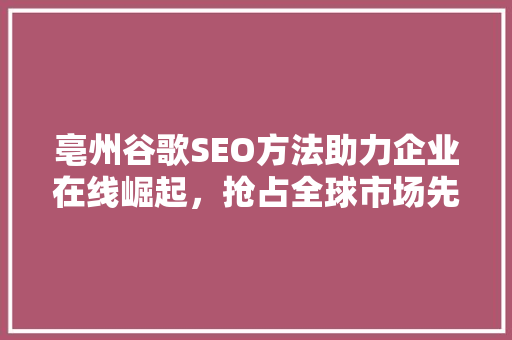 亳州谷歌SEO方法助力企业在线崛起，抢占全球市场先机