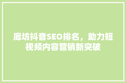 廊坊抖音SEO排名，助力短视频内容营销新突破