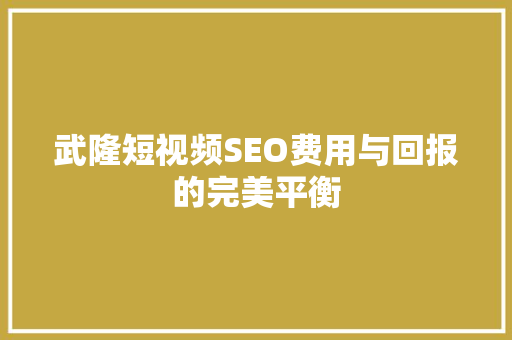 武隆短视频SEO费用与回报的完美平衡 WordPress教程