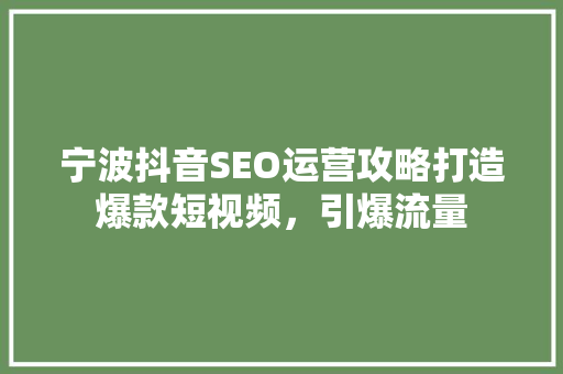 宁波抖音SEO运营攻略打造爆款短视频，引爆流量
