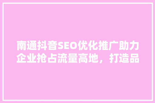南通抖音SEO优化推广助力企业抢占流量高地，打造品牌新生态