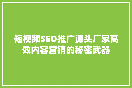 短视频SEO推广源头厂家高效内容营销的秘密武器