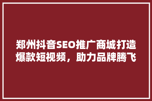 郑州抖音SEO推广商城打造爆款短视频，助力品牌腾飞